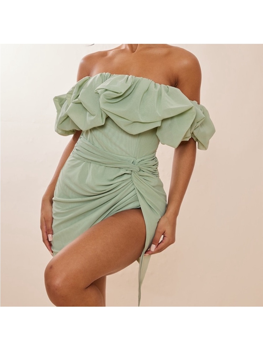 PrettyLittleThing Sage Green Strapless Ruffle Mini Dress